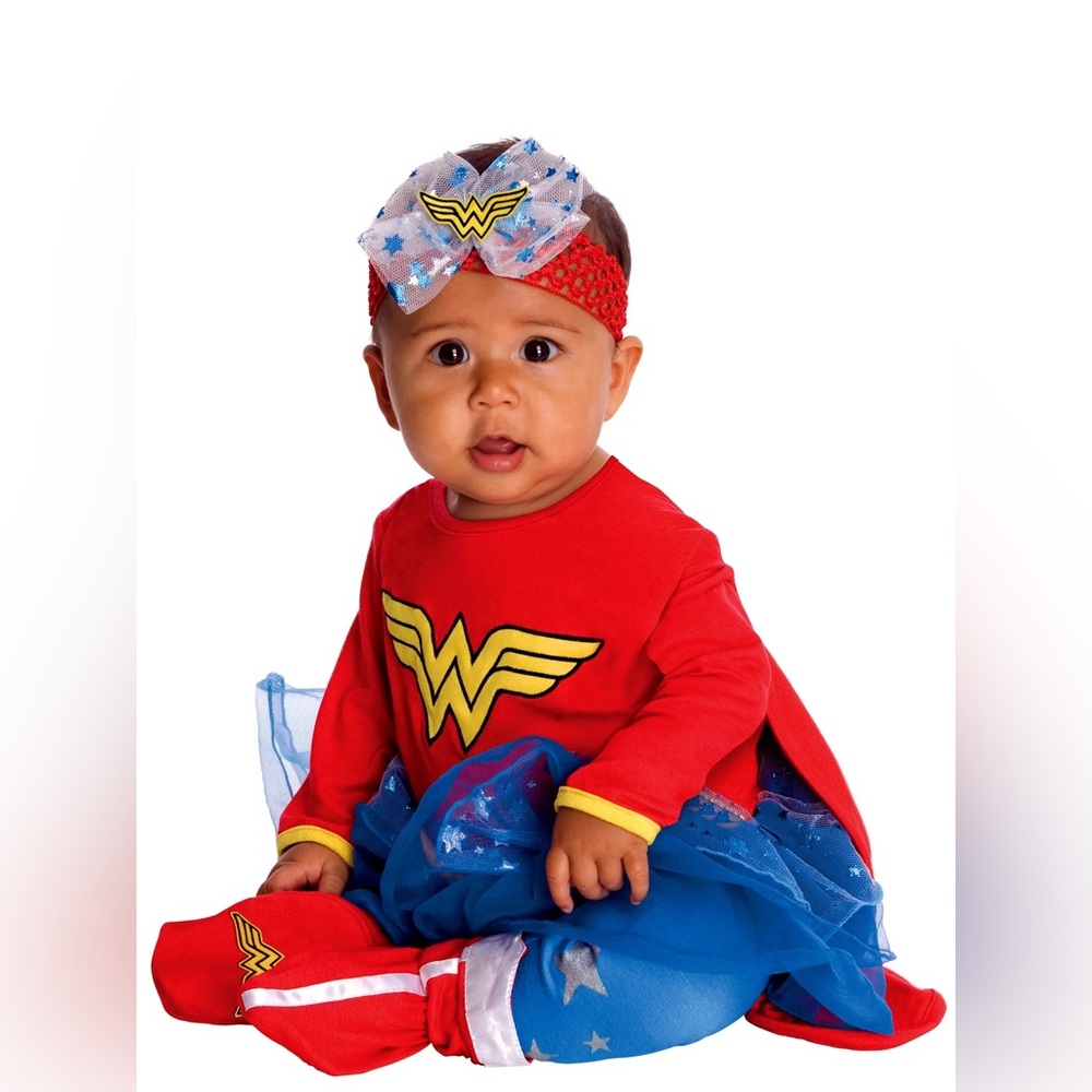 DC Super Friends WONDER WOMAN Costume Infant Baby 0-6 Mon/12-18 Mon NEW 6 Pc.